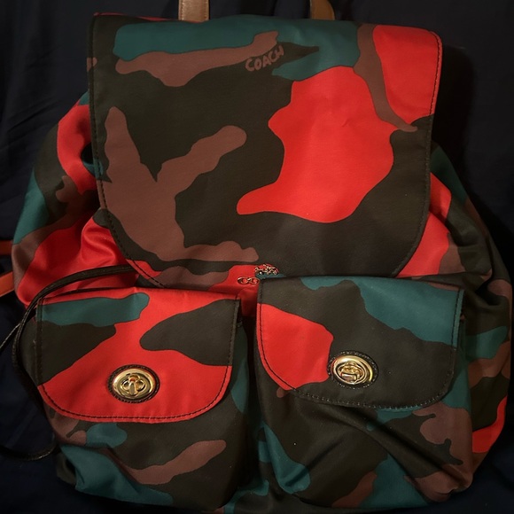 Coach  Red and Green Camouflage Backpack - Picture 1 of 4